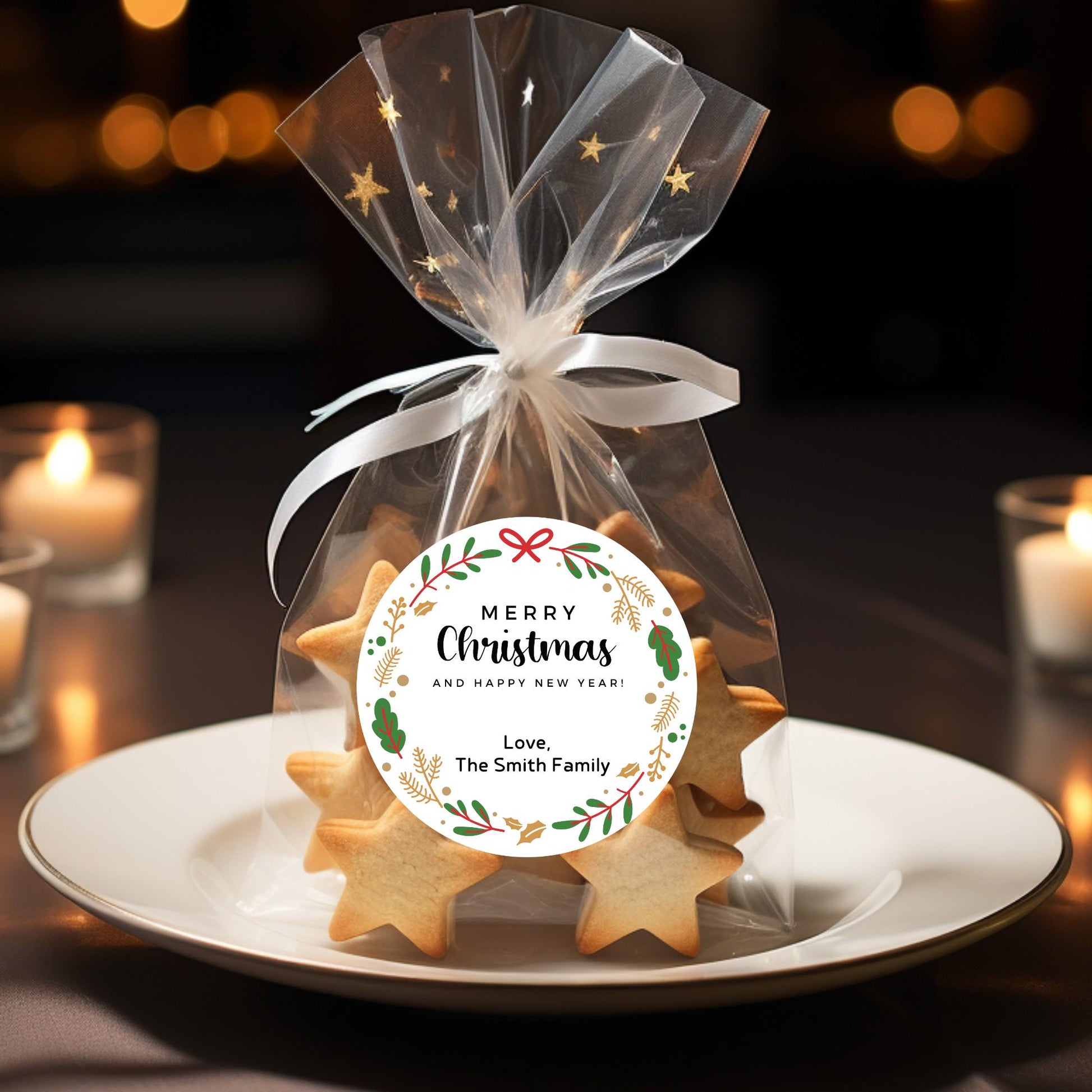 Merry Christmas & Happy New Year Floral Wreath Personalized Stickers, Custom Holidays Name Labels for Gift Wrapping Party Favors