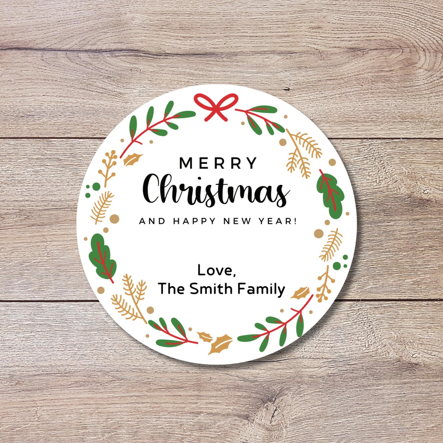 Merry Christmas & Happy New Year Floral Wreath Personalized Stickers, Custom Holidays Name Labels for Gift Wrapping Party Favors