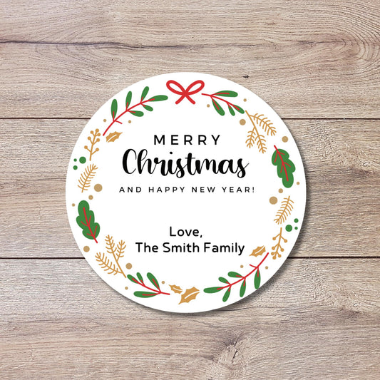 Merry Christmas & Happy New Year Floral Wreath Personalized Stickers, Custom Holidays Name Labels for Gift Wrapping Party Favors