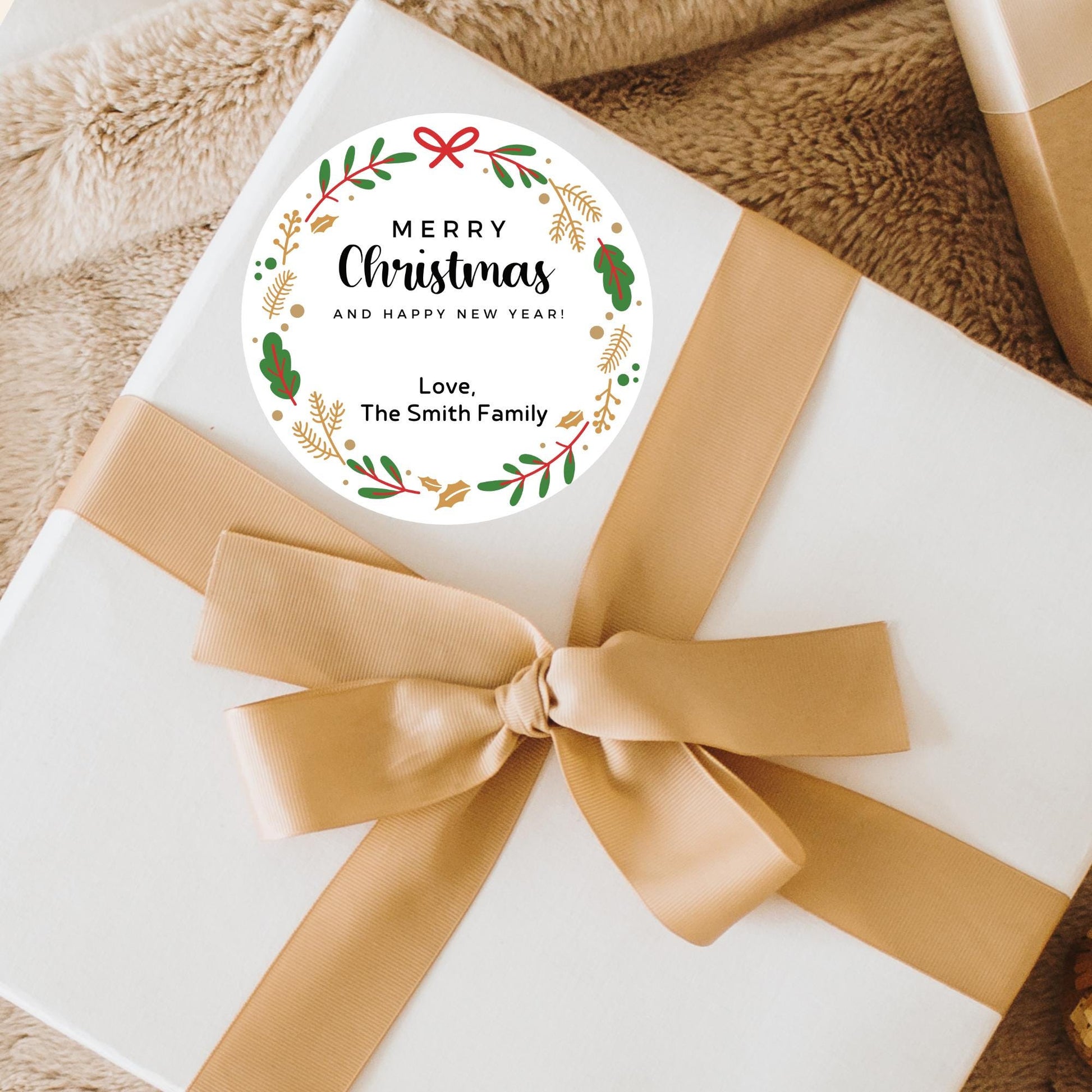 Merry Christmas & Happy New Year Floral Wreath Personalized Stickers, Custom Holidays Name Labels for Gift Wrapping Party Favors