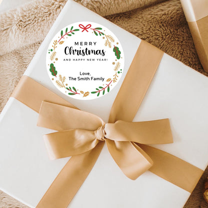 Merry Christmas & Happy New Year Floral Wreath Personalized Stickers, Custom Holidays Name Labels for Gift Wrapping Party Favors