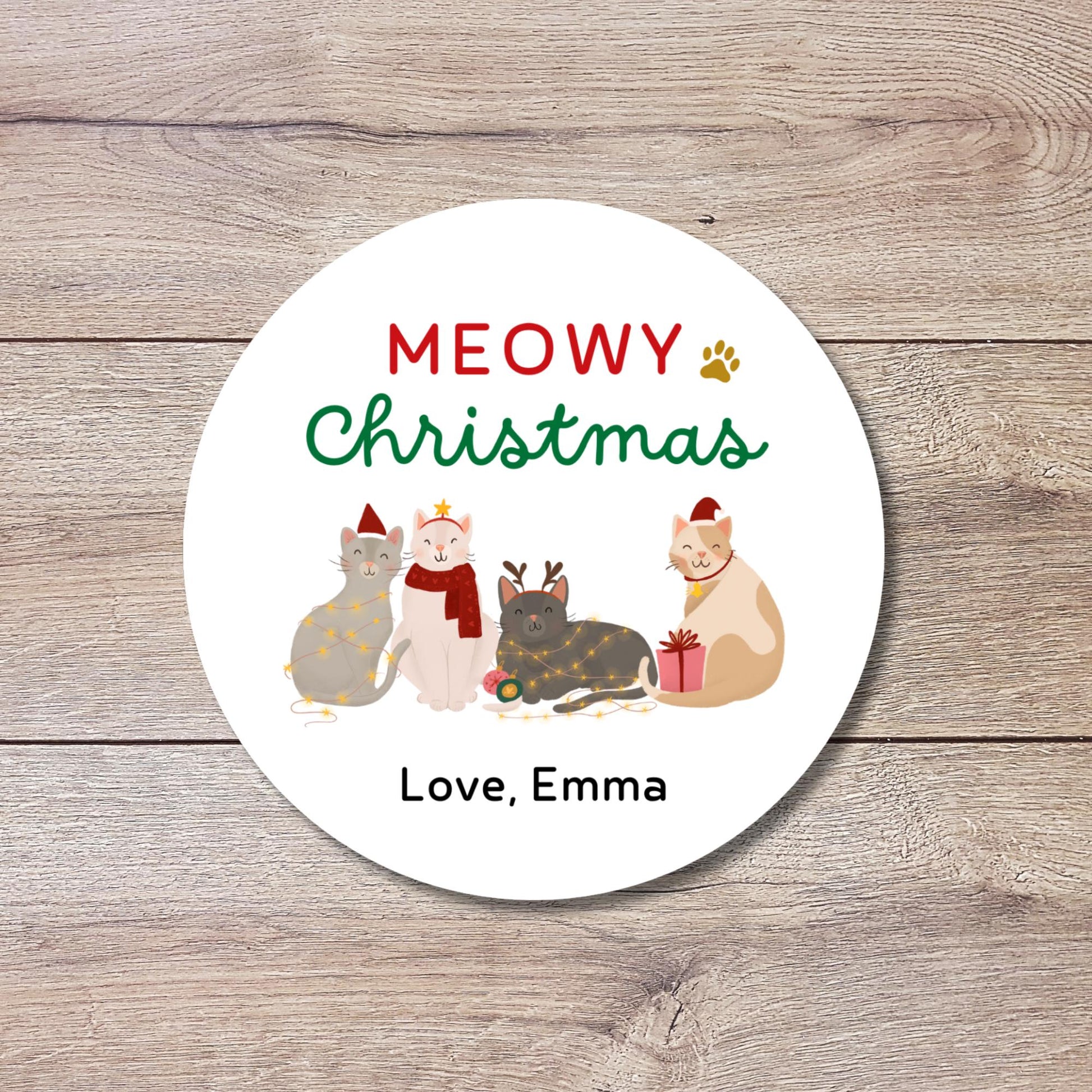 Meowy Christmas Personalized Holiday Stickers, Custom Festive Kitty Cats Gift Labels