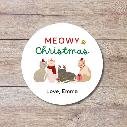 Meowy Christmas Personalized Holiday Stickers, Custom Festive Kitty Cats Gift Labels