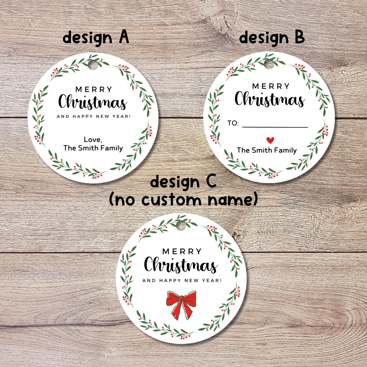 Floral Christmas Wreath Personalized Gift Tags, Custom Holiday To and From Tags for Gift Wrapping