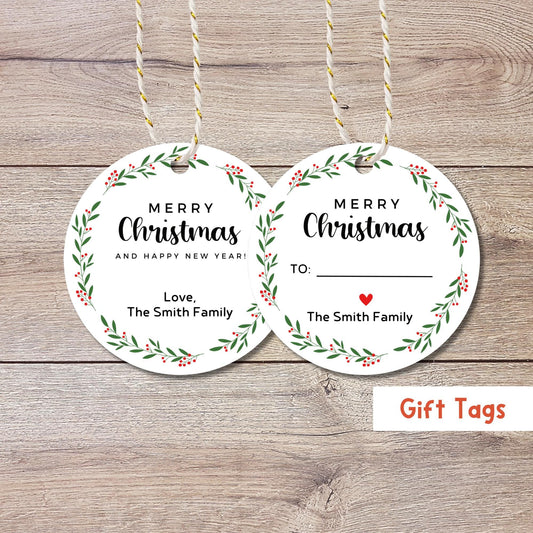 Floral Christmas Wreath Personalized Gift Tags, Custom Holiday To and From Tags for Gift Wrapping