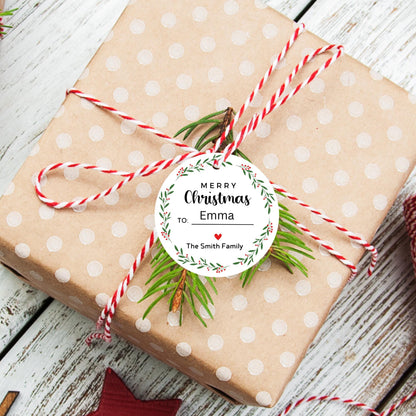 Floral Christmas Wreath Personalized Gift Tags, Custom Holiday To and From Tags for Gift Wrapping