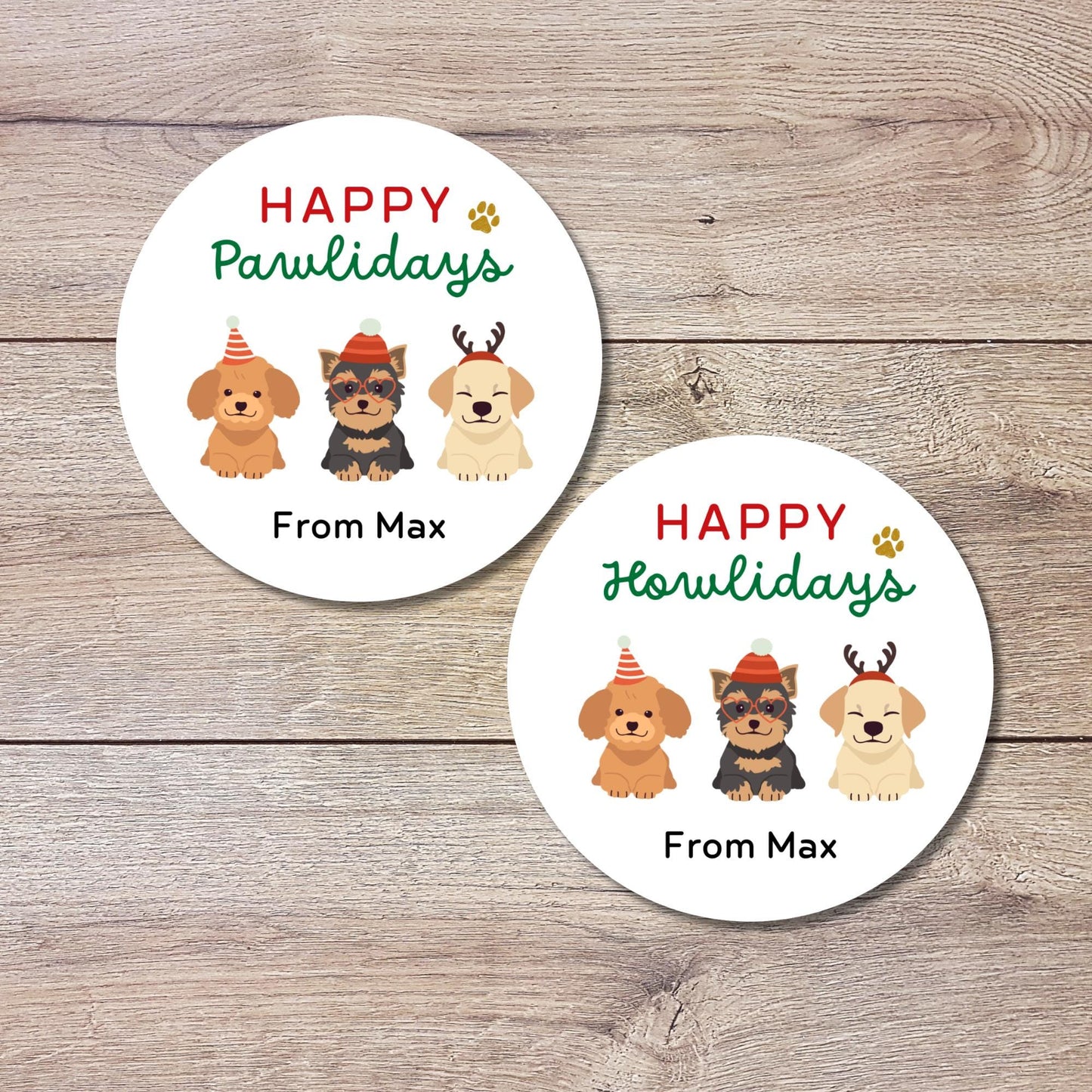 Happy Pawlidays Howlidays Personalized Christmas Stickers, Custom Holiday Festive Dog Puppy Gifts Labels