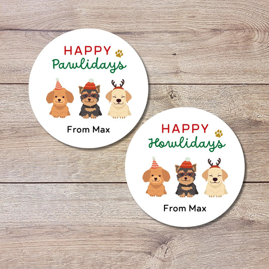 Happy Pawlidays Howlidays Personalized Christmas Stickers, Custom Holiday Festive Dog Puppy Gifts Labels