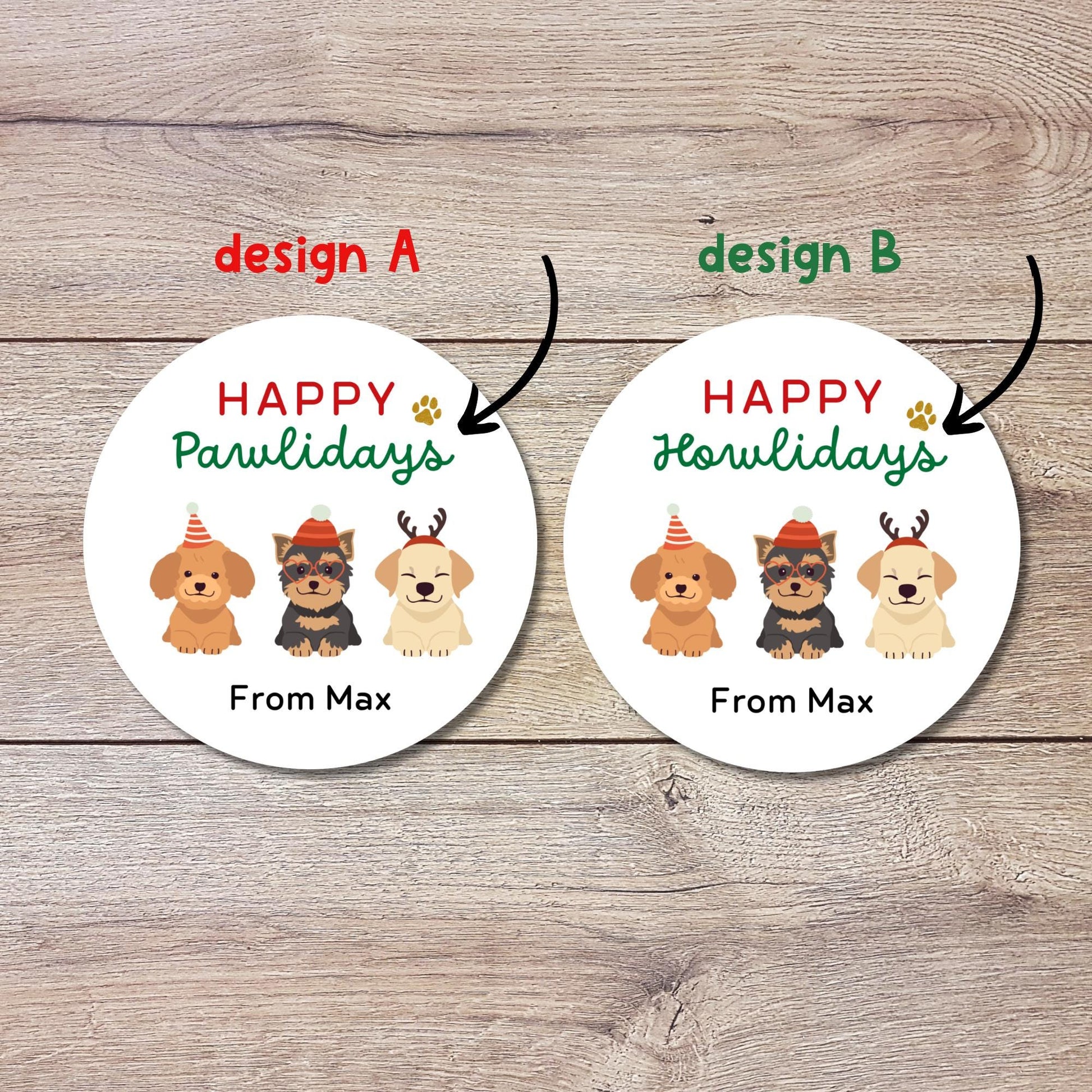 Happy Pawlidays Howlidays Personalized Christmas Stickers, Custom Holiday Festive Dog Puppy Gifts Labels