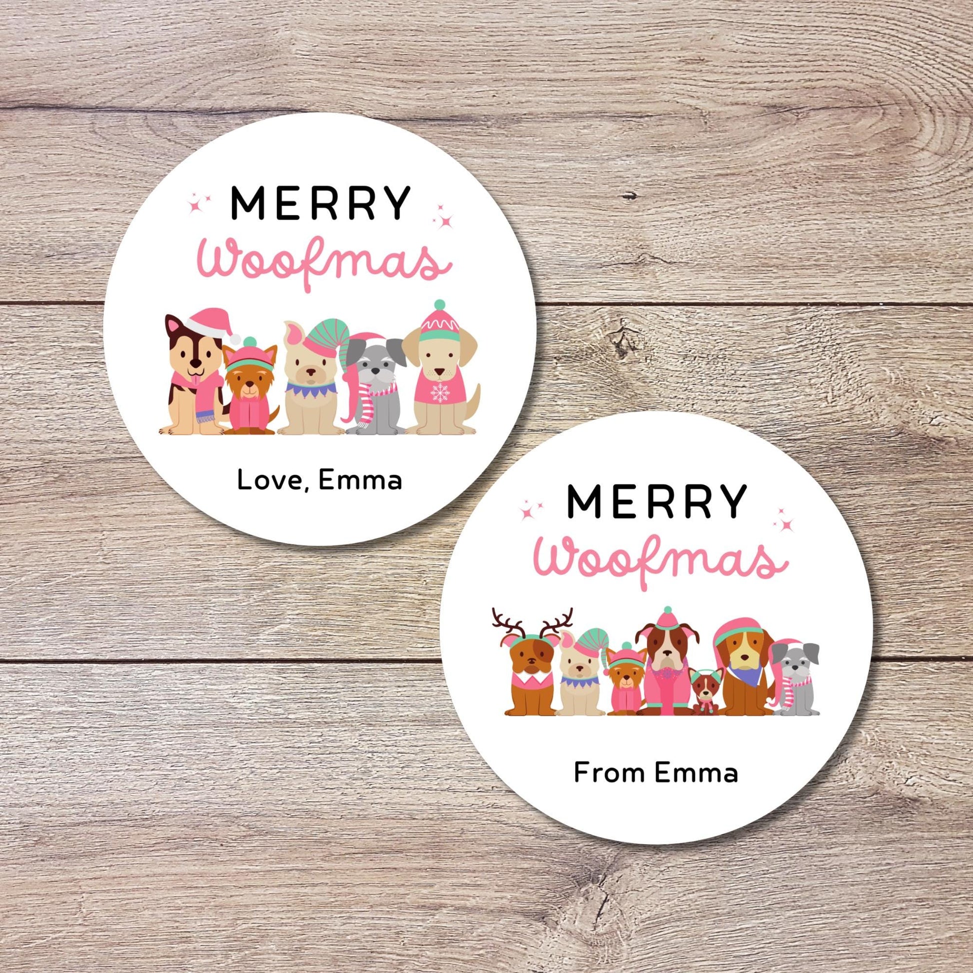 Merry Woofmas Personalized Christmas Stickers, Custom Holiday Festive Dog Puppy Gift Labels