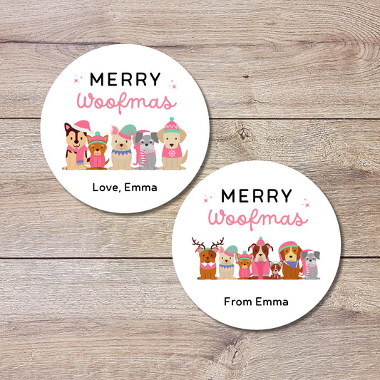 Merry Woofmas Personalized Christmas Stickers, Custom Holiday Festive Dog Puppy Gift Labels