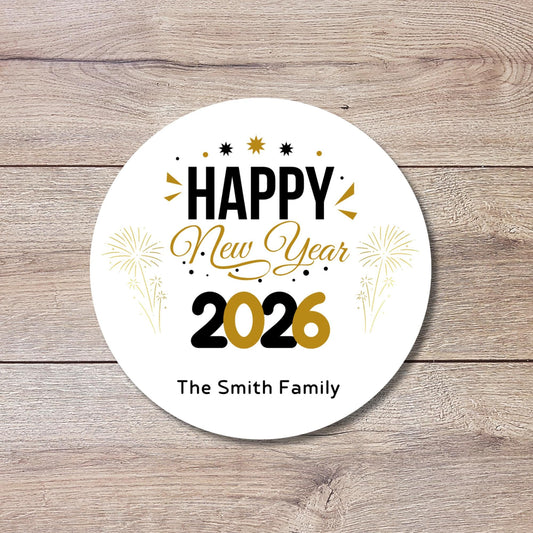 Personalized Happy New Year 2026 Stickers, Custom New Year's Eve Festive Party Holiday Baking Gift Labels