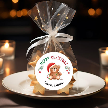Merry Christmas Bear Personalized Stickers, Custom Happy Holidays Name Labels for Gift Wrapping Party Favors