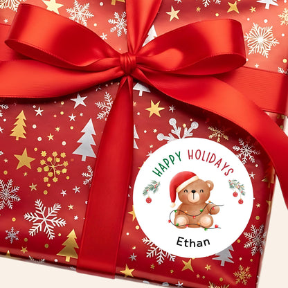 Merry Christmas Bear Personalized Stickers, Custom Happy Holidays Name Labels for Gift Wrapping Party Favors