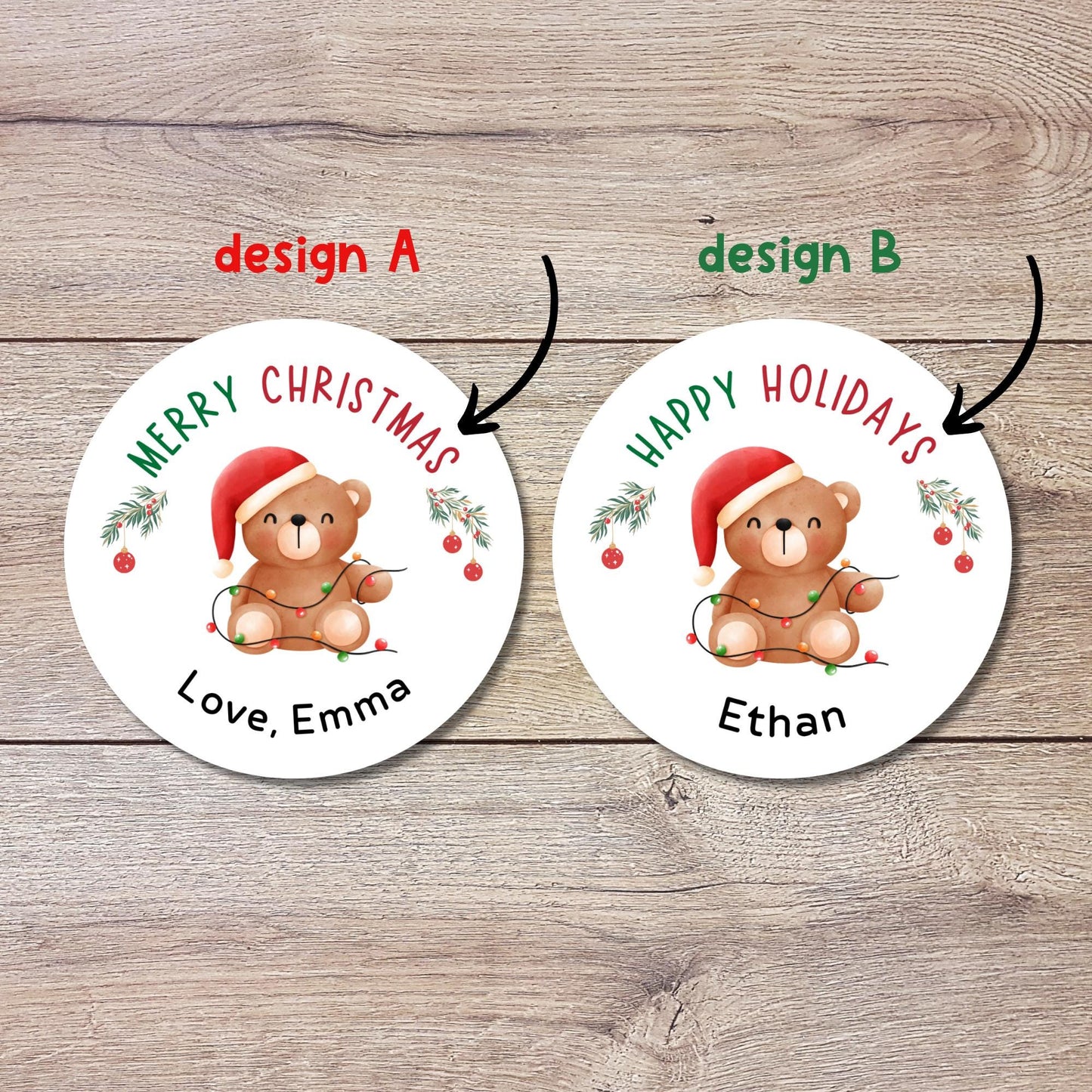 Merry Christmas Bear Personalized Stickers, Custom Happy Holidays Name Labels for Gift Wrapping Party Favors