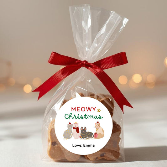 Meowy Christmas Personalized Holiday Stickers, Custom Festive Kitty Cats Gift Labels