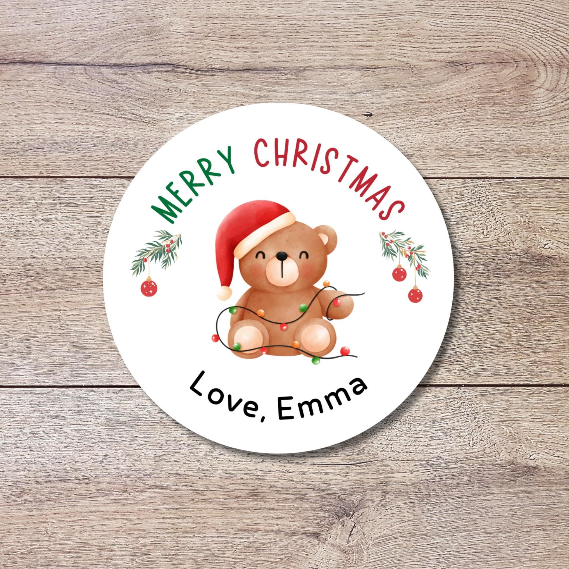 Merry Christmas Bear Personalized Stickers, Custom Happy Holidays Name Labels for Gift Wrapping Party Favors
