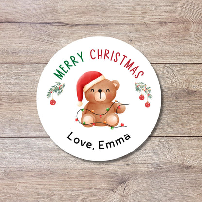 Merry Christmas Bear Personalized Stickers, Custom Happy Holidays Name Labels for Gift Wrapping Party Favors