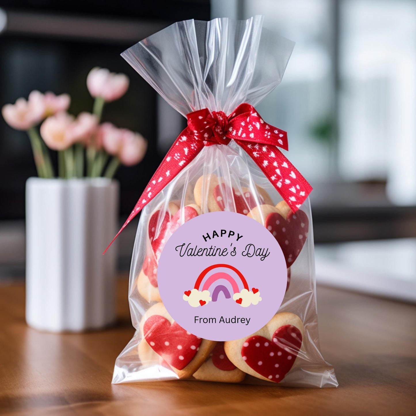 Personalized Rainbow Valentine's Day Stickers, Custom School Party Favor Treat Bag Labels
