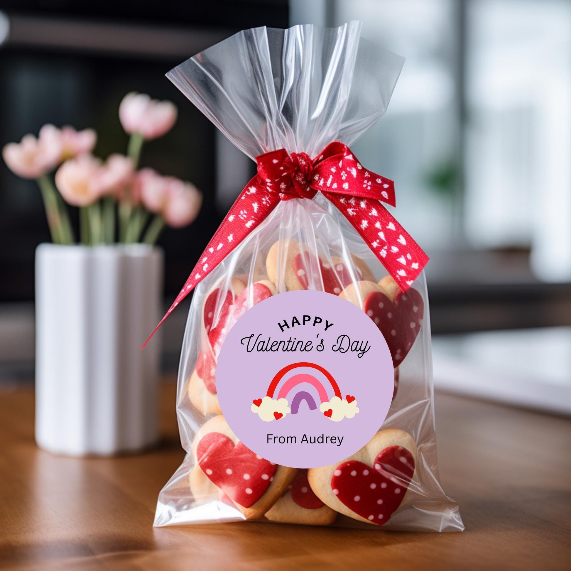 Personalized Rainbow Valentine's Day Stickers, Custom School Party Favor Treat Bag Labels
