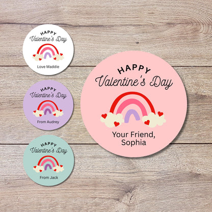 Personalized Rainbow Valentine's Day Stickers, Custom School Party Favor Treat Bag Labels