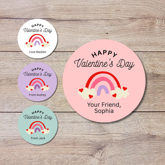 Personalized Rainbow Valentine's Day Stickers, Custom School Party Favor Treat Bag Labels
