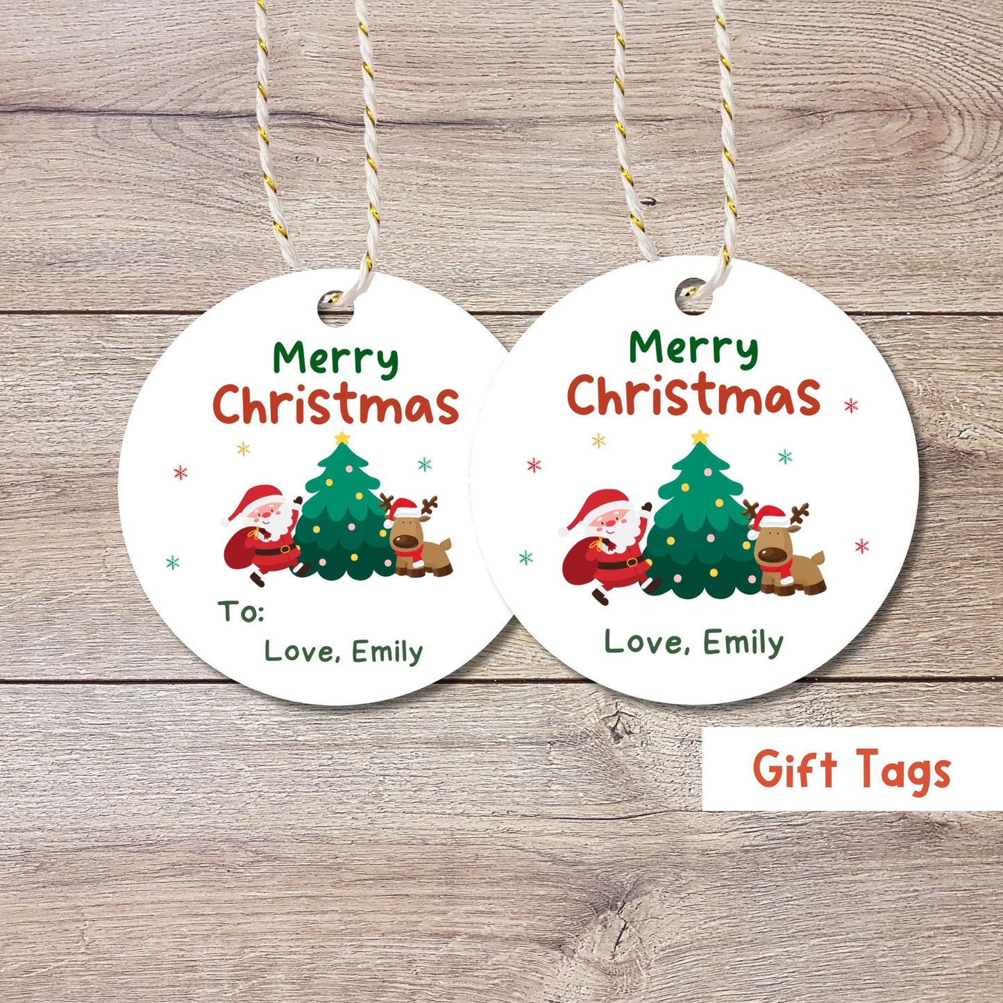 Santa & Reindeer Christmas Personalized Gift Tags, Custom Holiday To and From Tags for Gift Wrapping