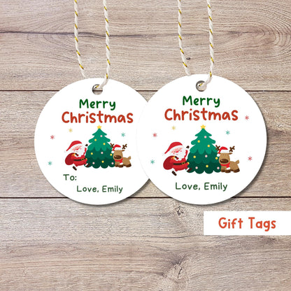 Santa & Reindeer Christmas Personalized Gift Tags, Custom Holiday To and From Tags for Gift Wrapping