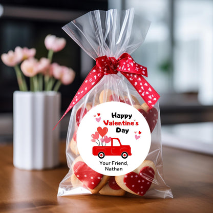 Personalized Red Truck Valentine Stickers, Custom Kids School Party Favor Treat Bag Labels