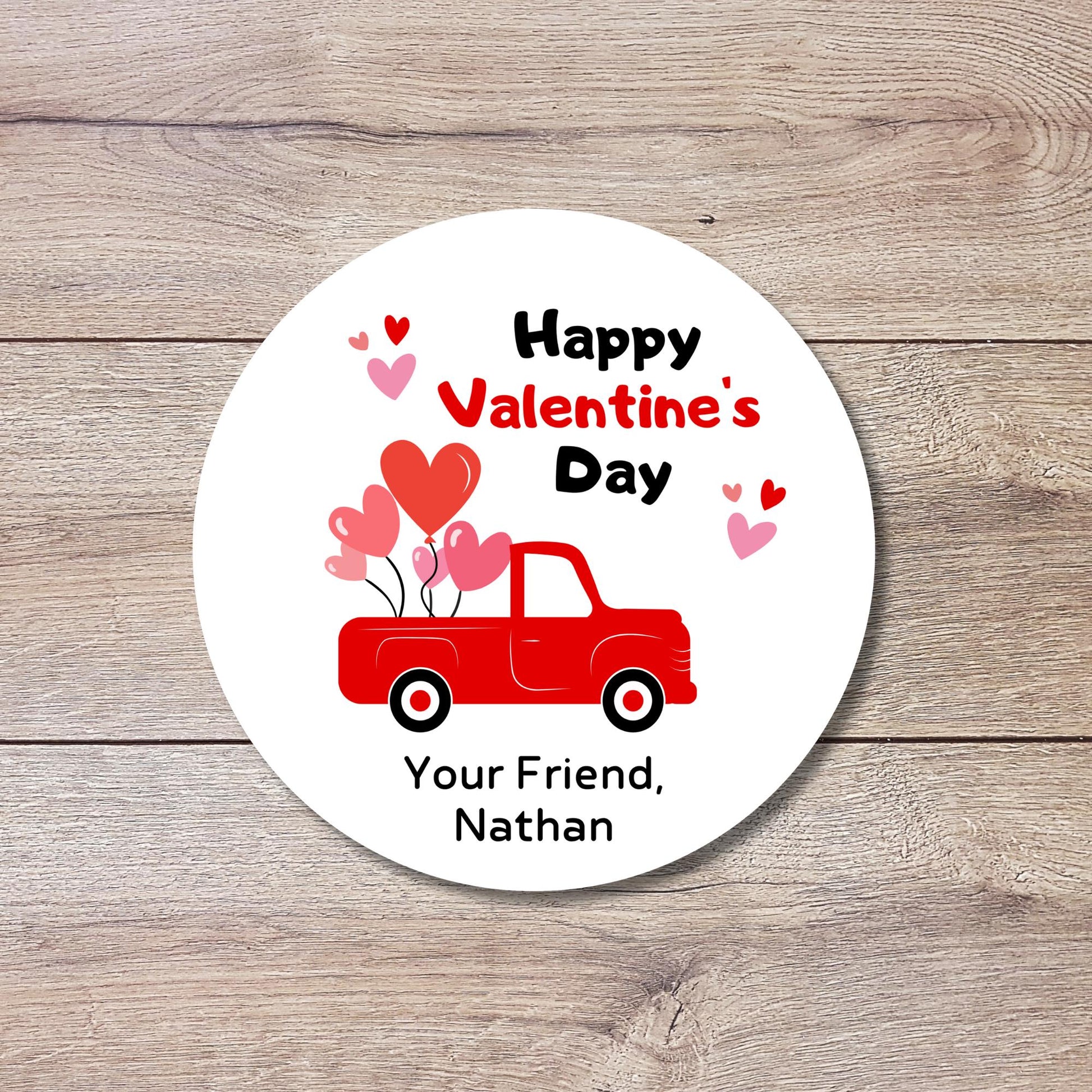 Personalized Red Truck Valentine Stickers, Custom Kids School Party Favor Treat Bag Labels