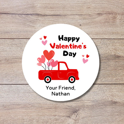 Personalized Red Truck Valentine Stickers, Custom Kids School Party Favor Treat Bag Labels