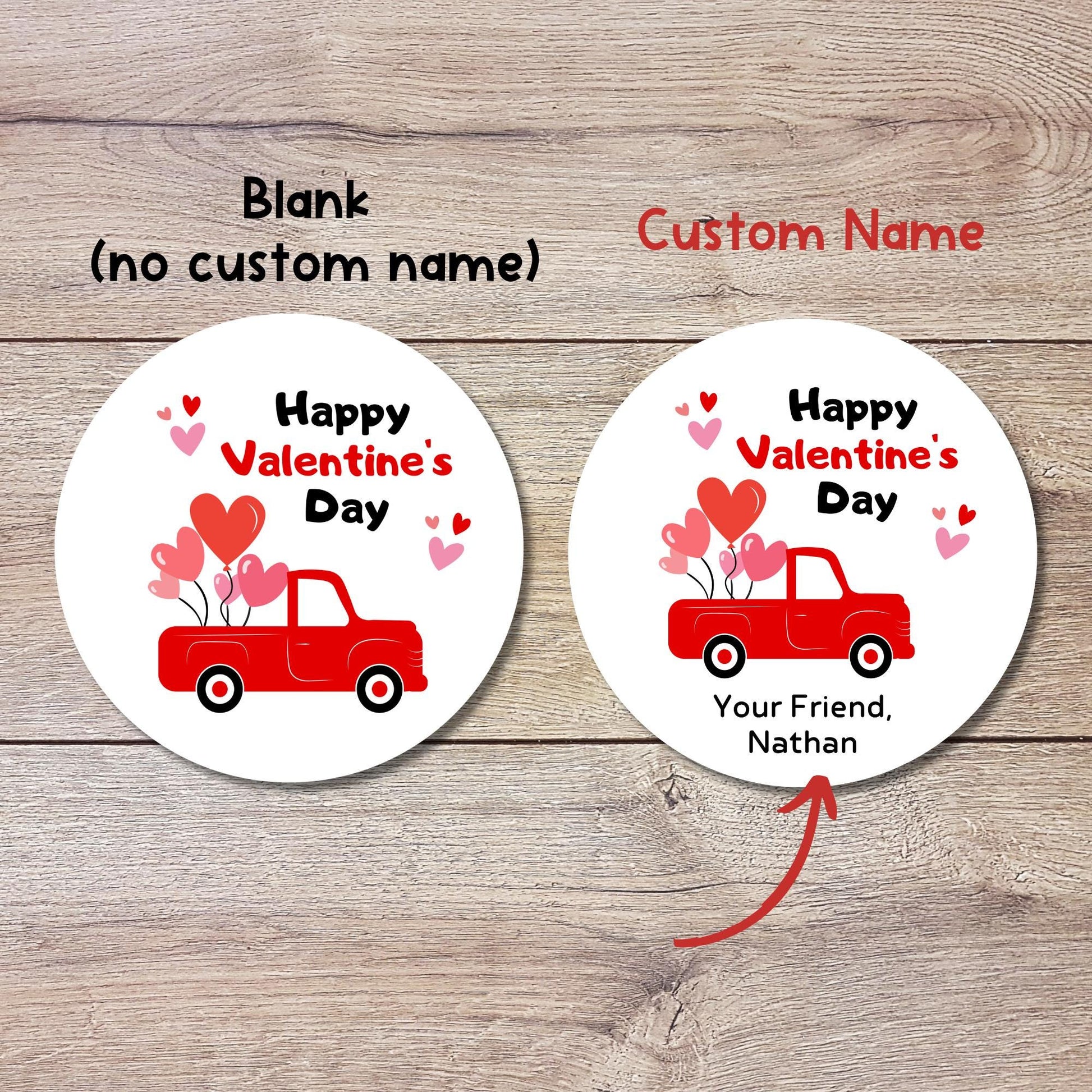 Personalized Red Truck Valentine Stickers, Custom Kids School Party Favor Treat Bag Labels