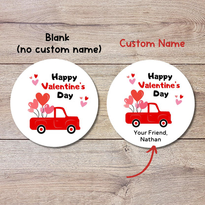 Personalized Red Truck Valentine Stickers, Custom Kids School Party Favor Treat Bag Labels