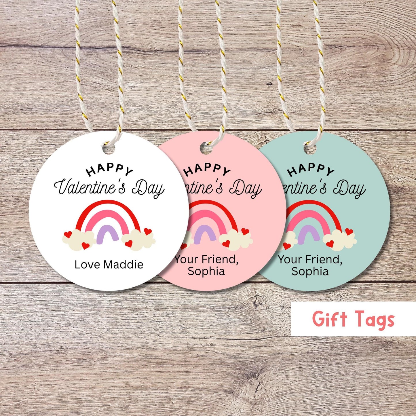 Personalized Rainbow Valentine Gift Tags, Custom Kids School Party Favor Treat Bag Tag