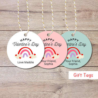 Personalized Rainbow Valentine Gift Tags, Custom Kids School Party Favor Treat Bag Tag