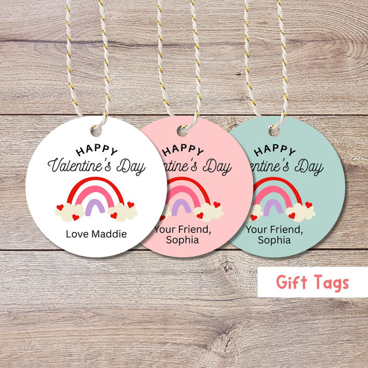 Personalized Rainbow Valentine Gift Tags, Custom Kids School Party Favor Treat Bag Tag