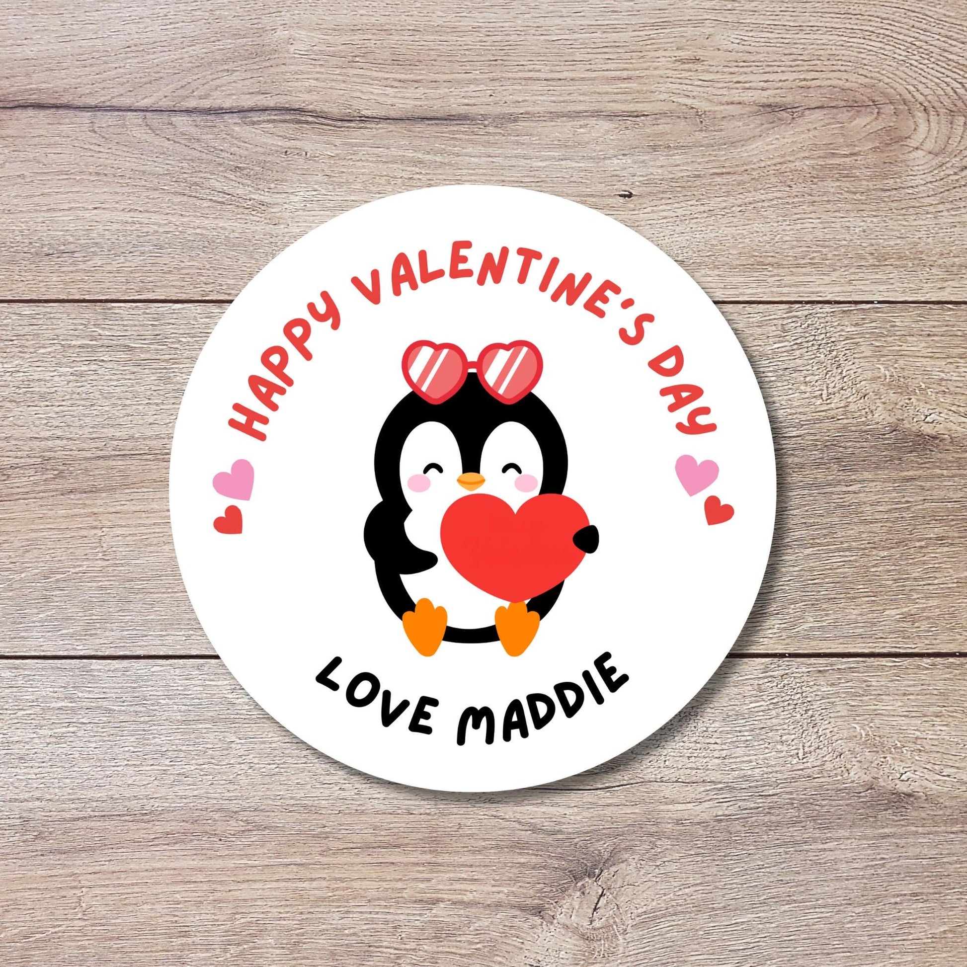 Personalized Penguin Happy Valentines Day Stickers, Custom Kids School Party Favor Treat Bag Labels