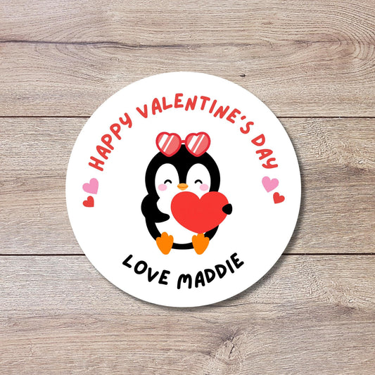 Personalized Penguin Happy Valentines Day Stickers, Custom Kids School Party Favor Treat Bag Labels