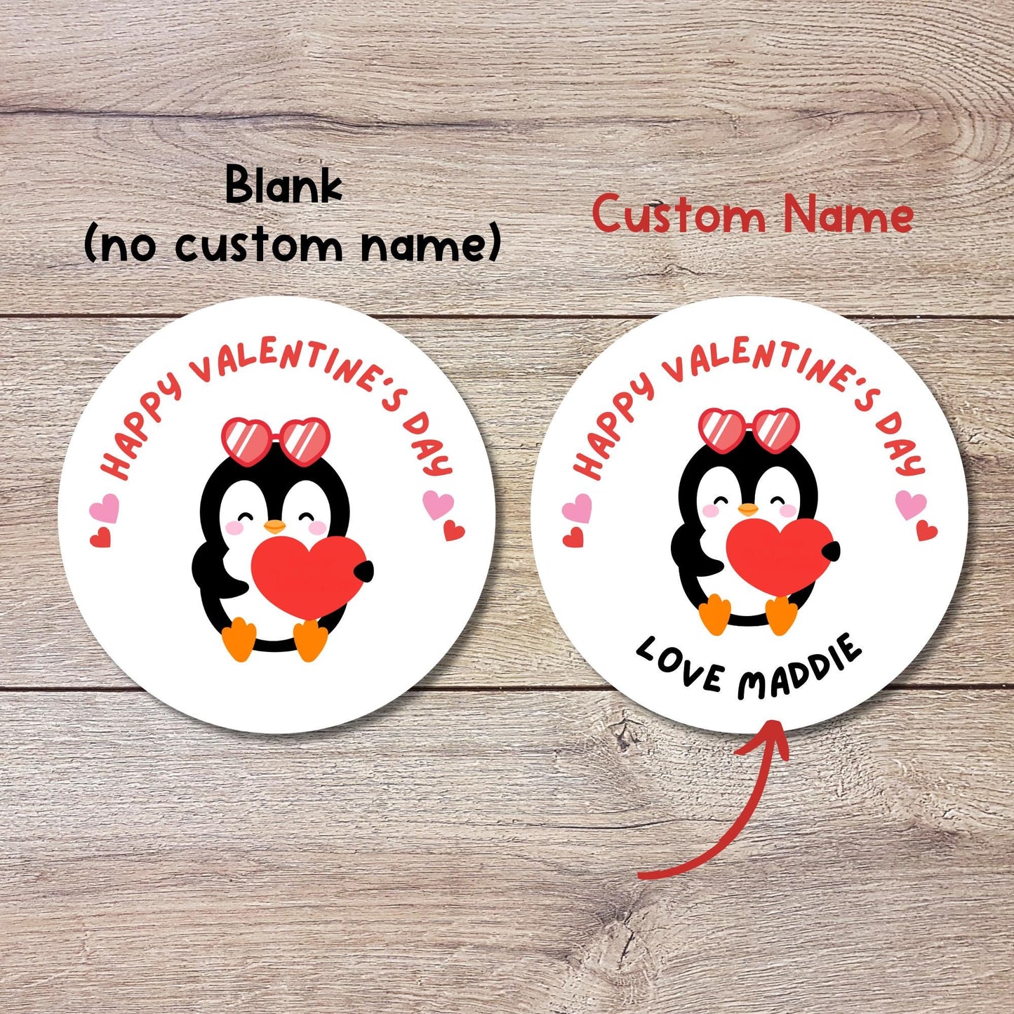 Personalized Penguin Happy Valentines Day Stickers, Custom Kids School Party Favor Treat Bag Labels