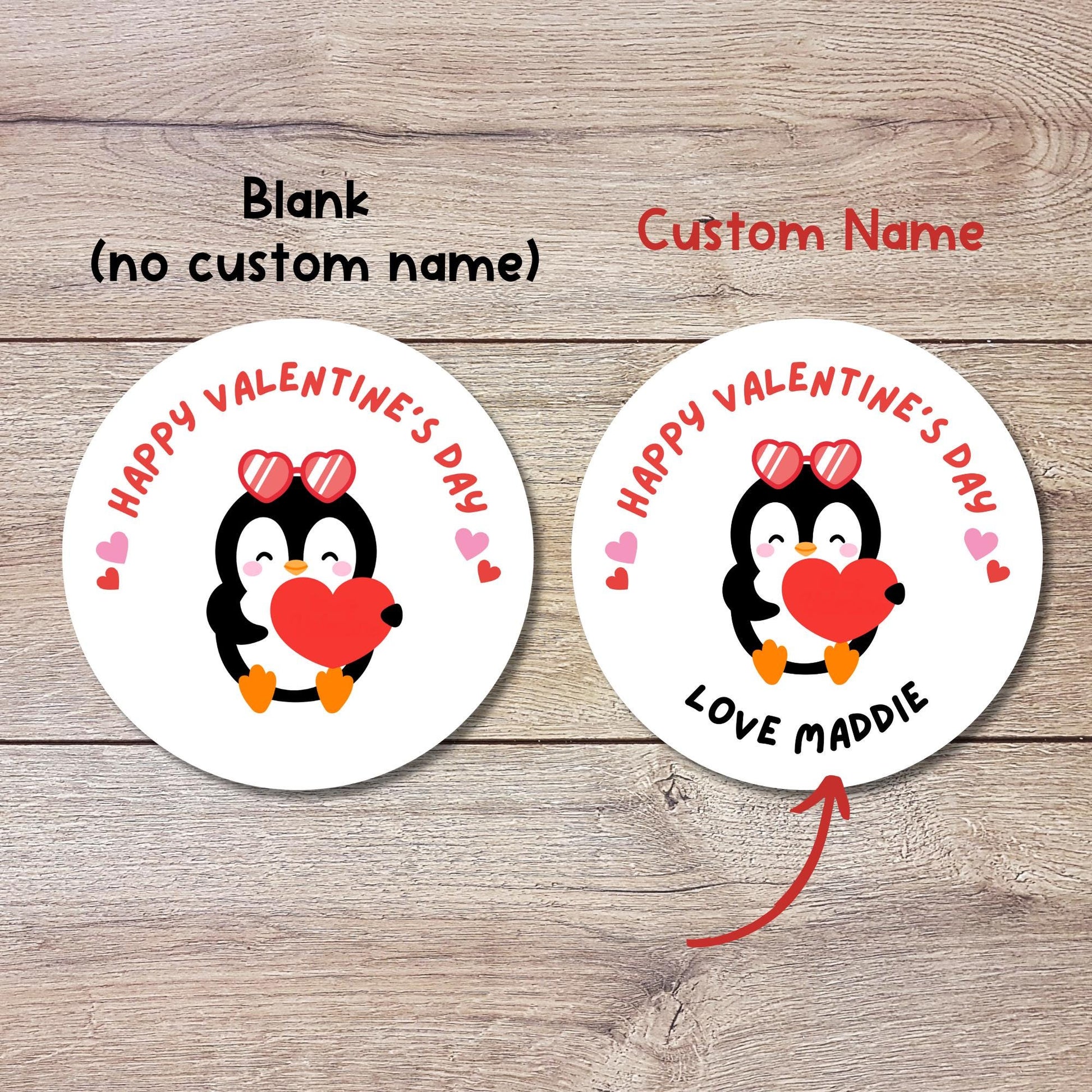 Personalized Penguin Happy Valentines Day Stickers, Custom Kids School Party Favor Treat Bag Labels