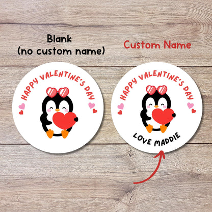 Personalized Penguin Happy Valentines Day Stickers, Custom Kids School Party Favor Treat Bag Labels