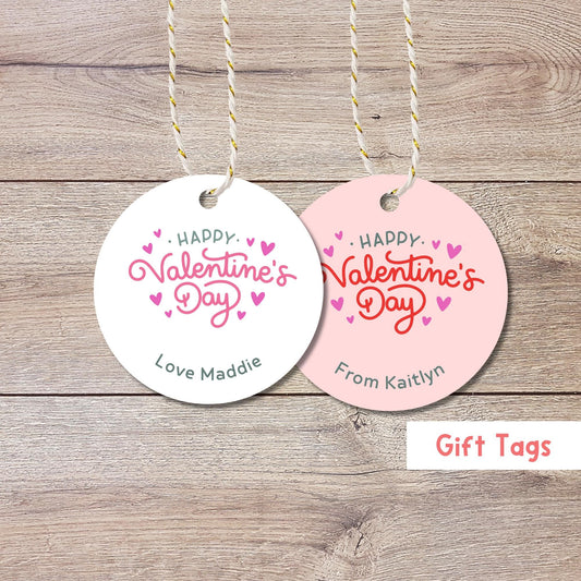 Personalized Happy Valentines Day Gift Tags, Custom Kids School Party Favor Treat Bag Tag