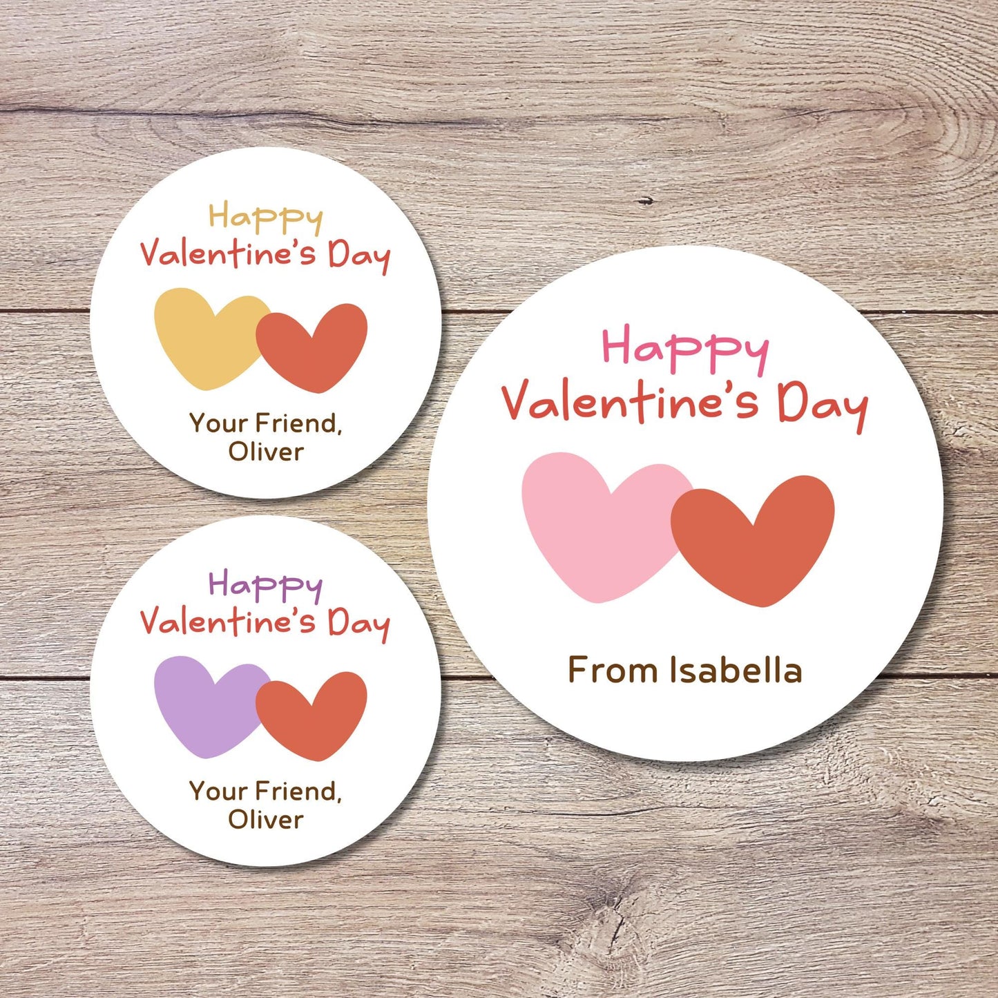 Personalized Double Hearts Happy Valentines Day Stickers, Custom Kids School Party Favor Treat Bag Labels