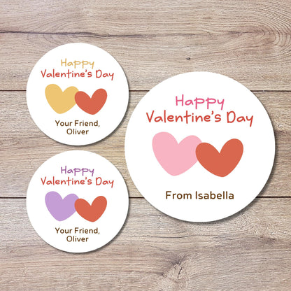 Personalized Double Hearts Happy Valentines Day Stickers, Custom Kids School Party Favor Treat Bag Labels