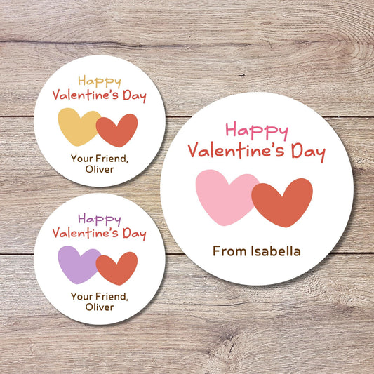 Personalized Double Hearts Happy Valentines Day Stickers, Custom Kids School Party Favor Treat Bag Labels