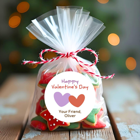 Personalized Double Hearts Happy Valentines Day Stickers, Custom Kids School Party Favor Treat Bag Labels