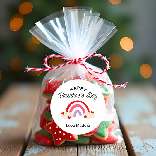 Personalized Rainbow Valentine's Day Stickers, Custom School Party Favor Treat Bag Labels