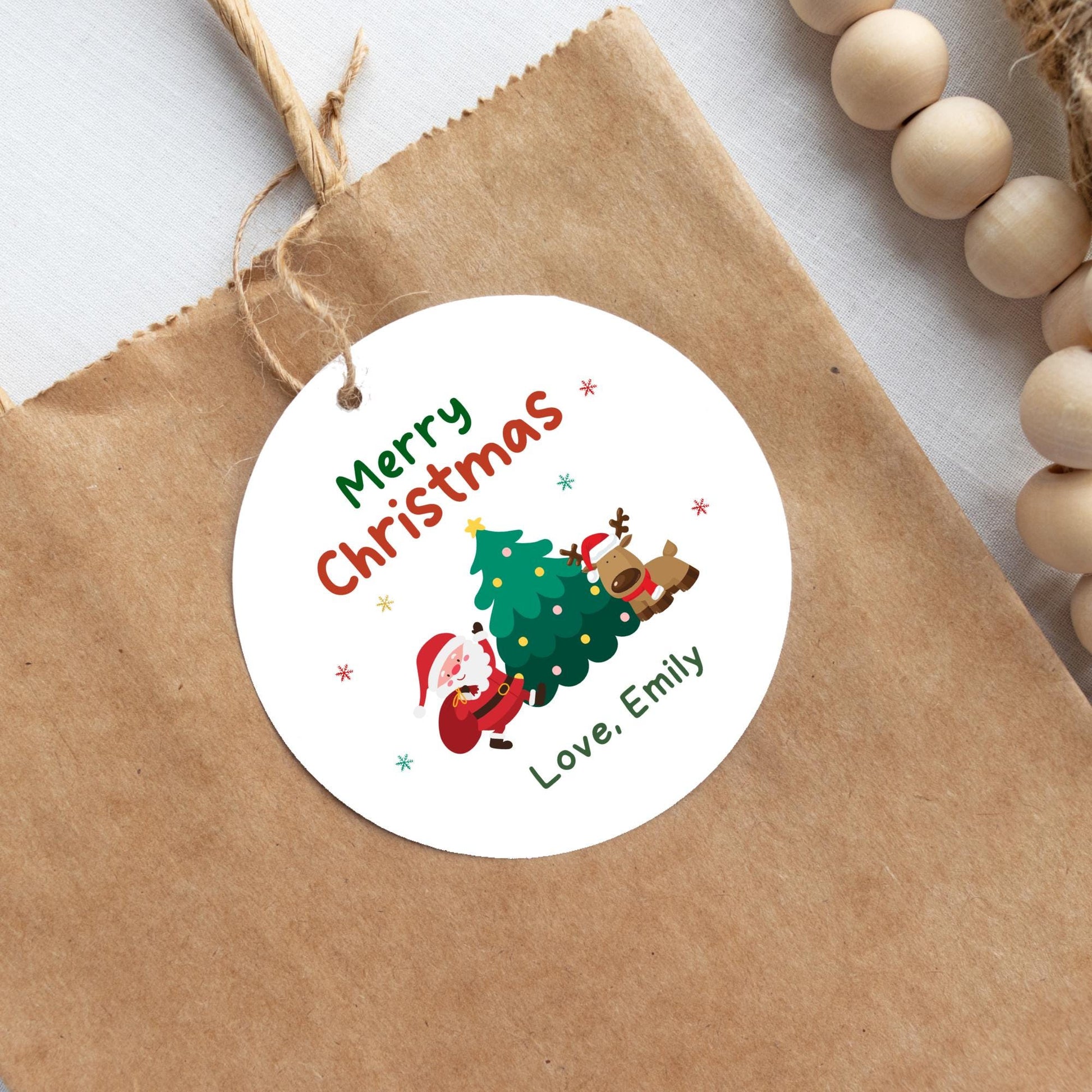 Santa & Reindeer Christmas Personalized Gift Tags, Custom Holiday To and From Tags for Gift Wrapping