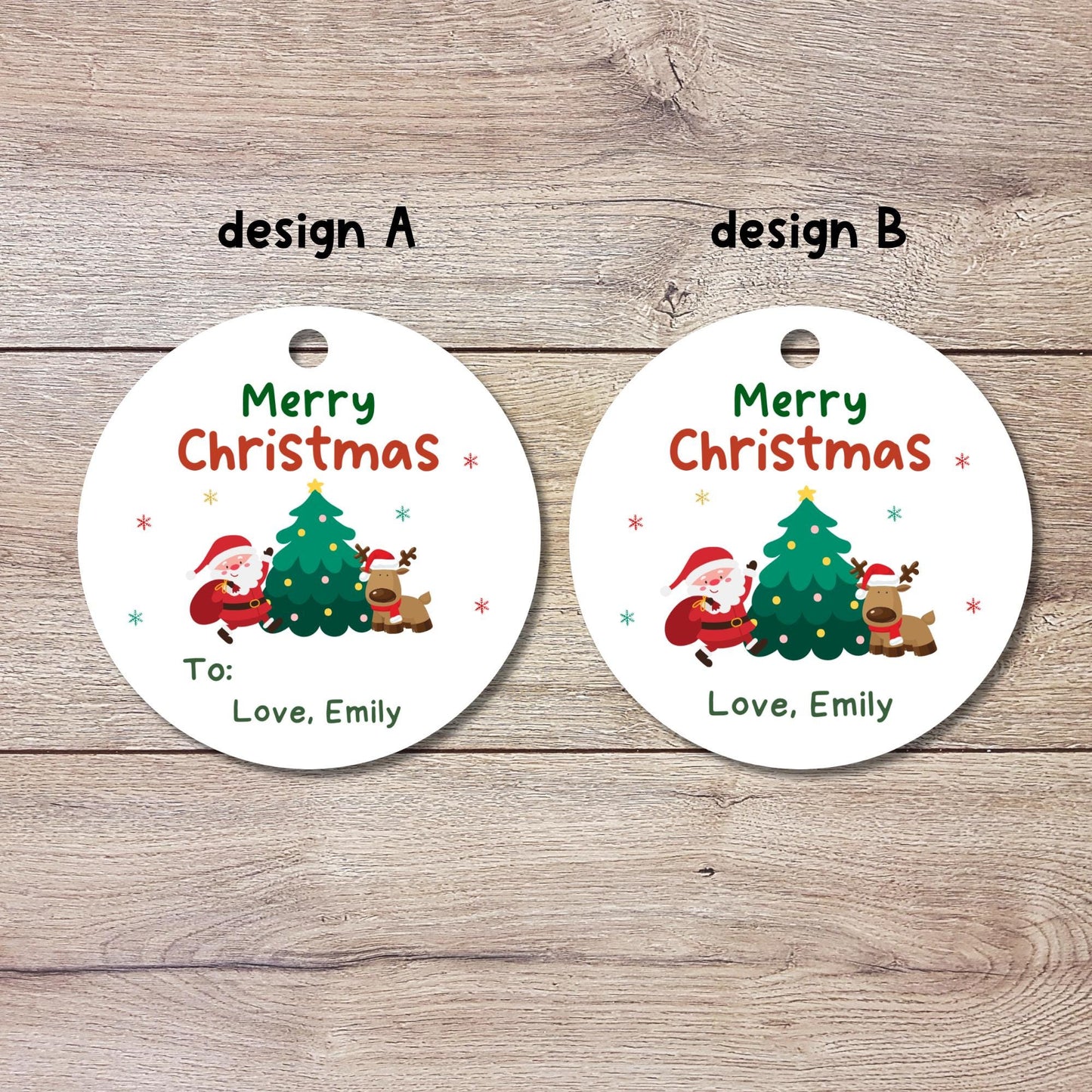 Santa & Reindeer Christmas Personalized Gift Tags, Custom Holiday To and From Tags for Gift Wrapping