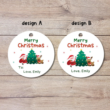 Santa & Reindeer Christmas Personalized Gift Tags, Custom Holiday To and From Tags for Gift Wrapping